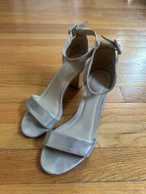 CL by Laundry Metallic Champagne Ankle-Strap Block Heel Sandals